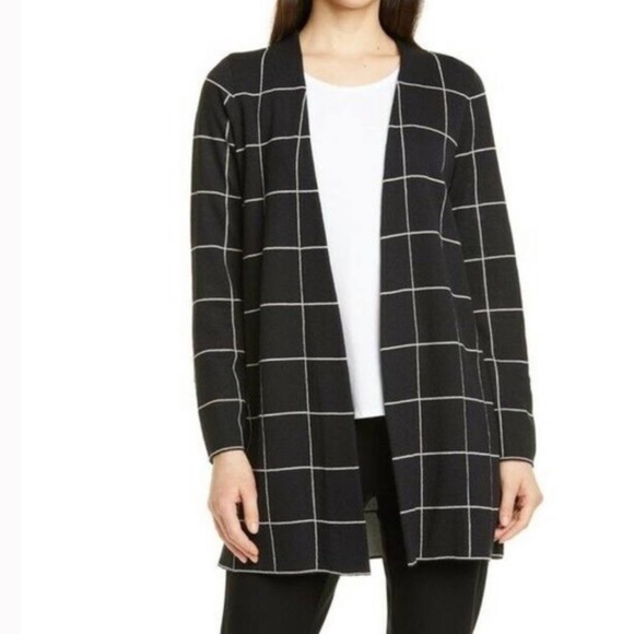 Eileen Fisher Wool Open Front Cardigan Sweater Black Windowpane Size Small - Picture 8 of 8